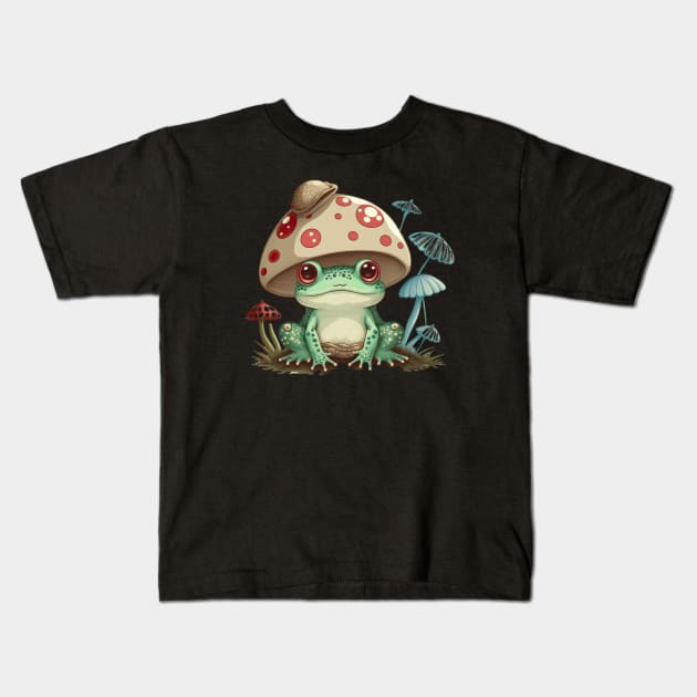 Kawaii Frog With Mushroom And Toadstools Kids T-Shirt by WhispersOfColor